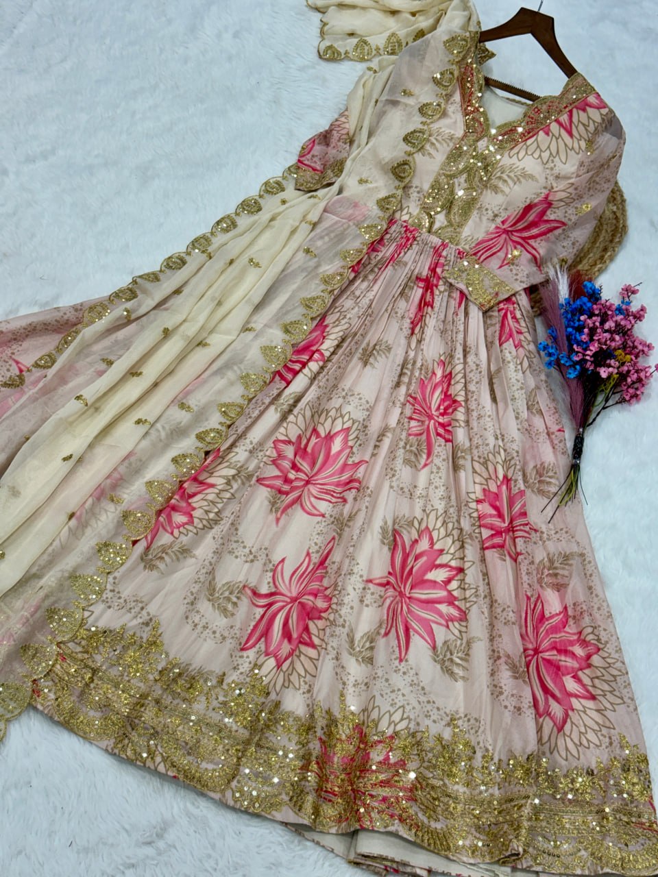Printed Russian Silk Anarkali Gown ClothsVilla