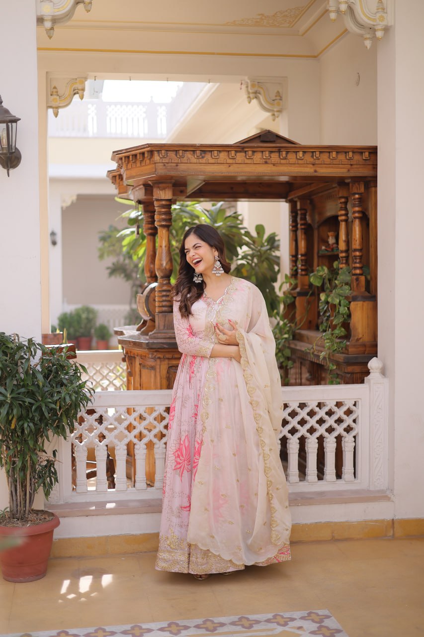 Printed Russian Silk Anarkali Gown ClothsVilla