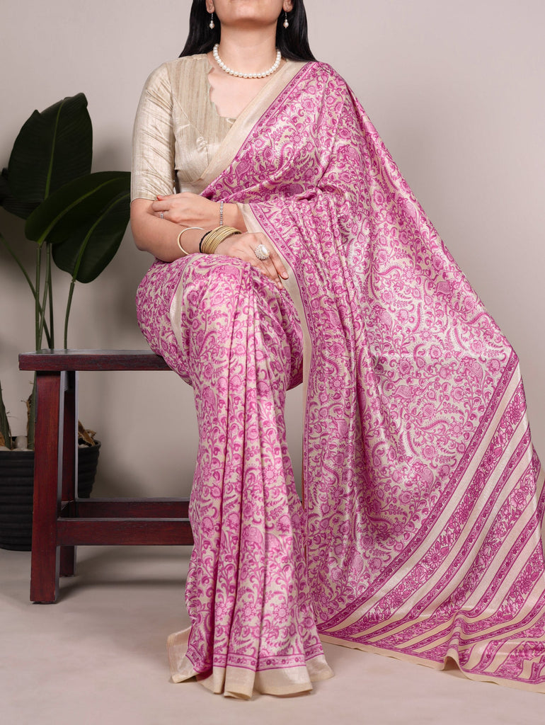 Printed Tasar Silk Saree with Matching Unstitched Blouse ClothsVilla