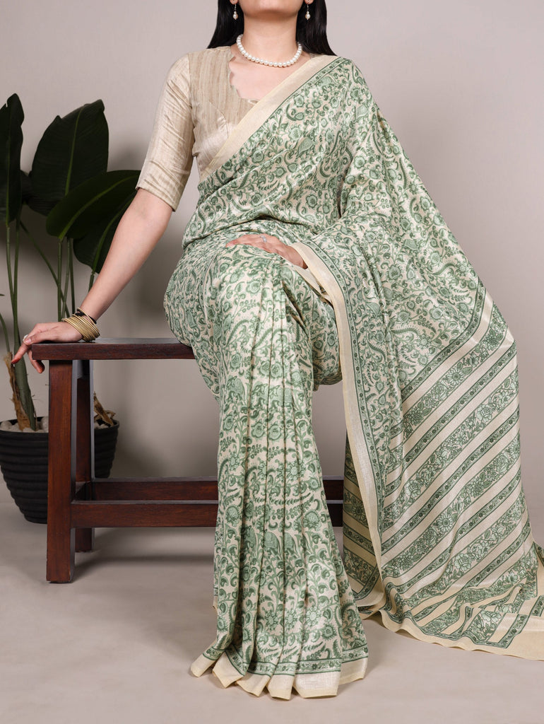Printed Tasar Silk Saree with Matching Unstitched Blouse ClothsVilla