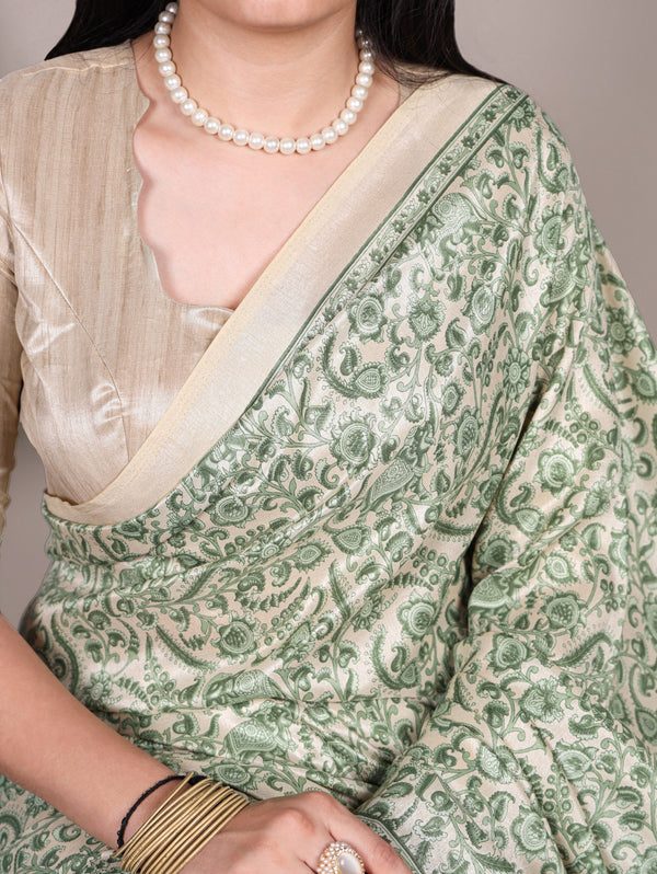 Printed Tasar Silk Saree with Matching Unstitched Blouse ClothsVilla