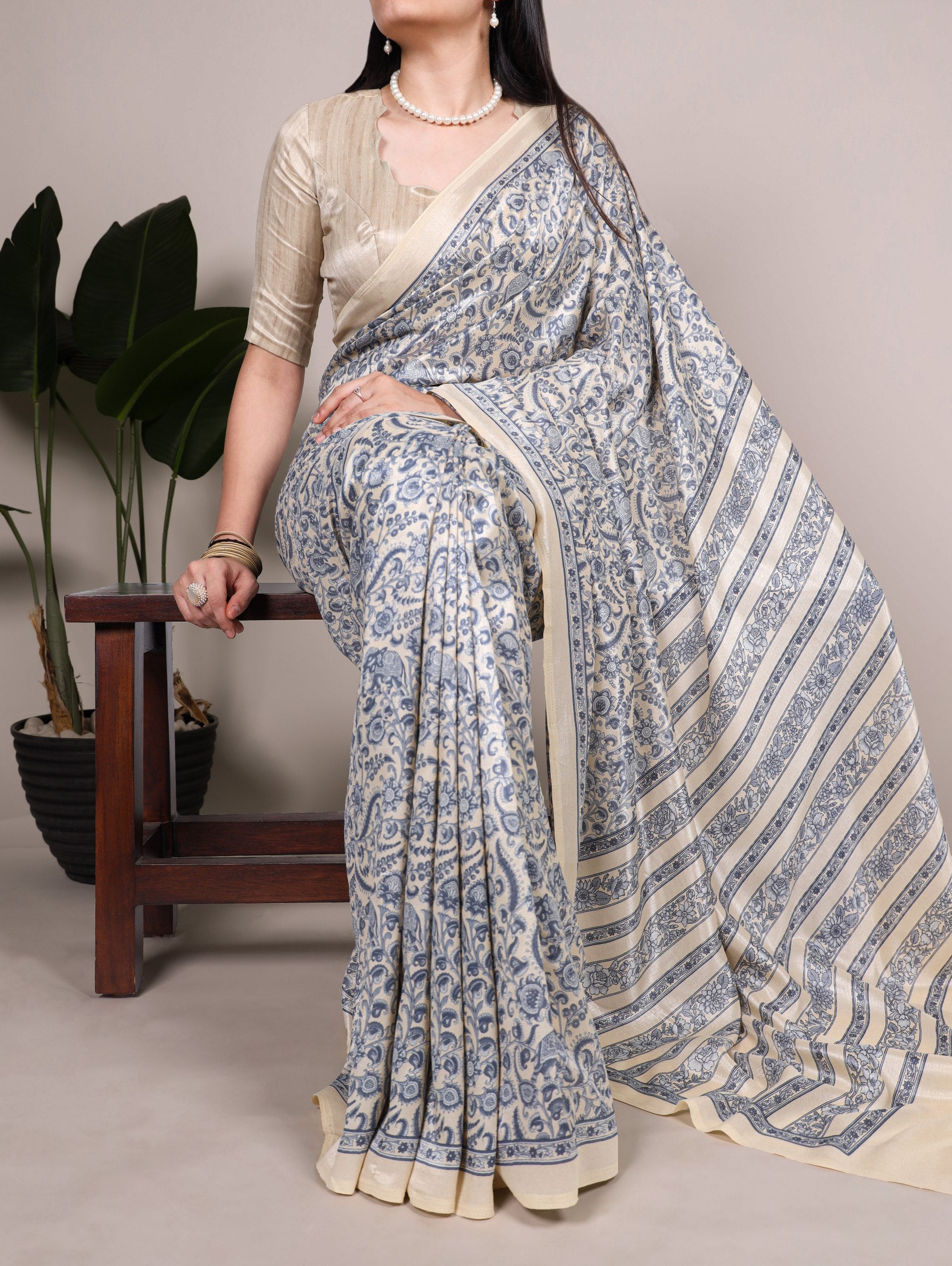 Printed Tasar Silk Saree with Matching Unstitched Blouse ClothsVilla Main image