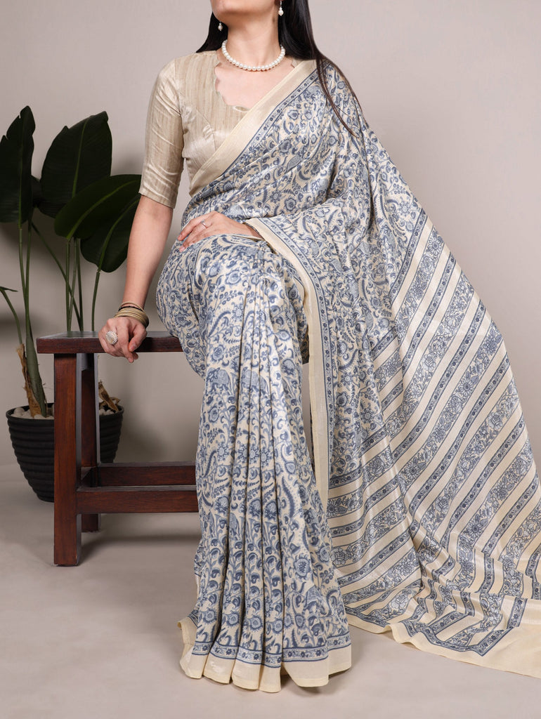 Printed Tasar Silk Saree with Matching Unstitched Blouse ClothsVilla