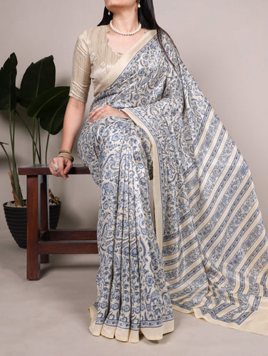 Printed Tasar Silk Saree with Matching Unstitched Blouse ClothsVilla