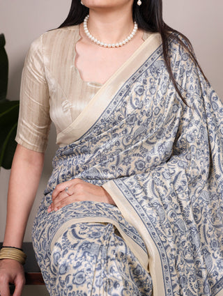 Printed Tasar Silk Saree with Matching Unstitched Blouse ClothsVilla