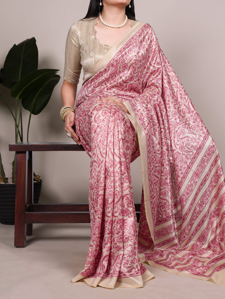 Printed Tasar Silk Saree with Matching Unstitched Blouse ClothsVilla