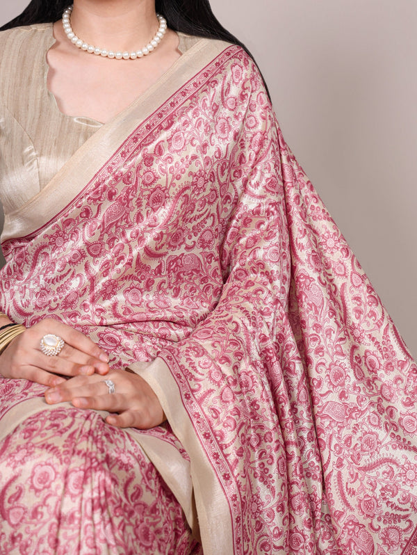 Printed Tasar Silk Saree with Matching Unstitched Blouse ClothsVilla