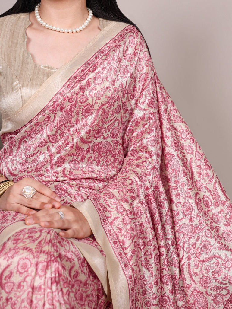 Printed Tasar Silk Saree with Matching Unstitched Blouse ClothsVilla