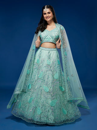 Turquoise Blue Net Sequinse Work Semi-Stitched Lehenga & Unstitched Blouse, Dupatta Clothsvilla