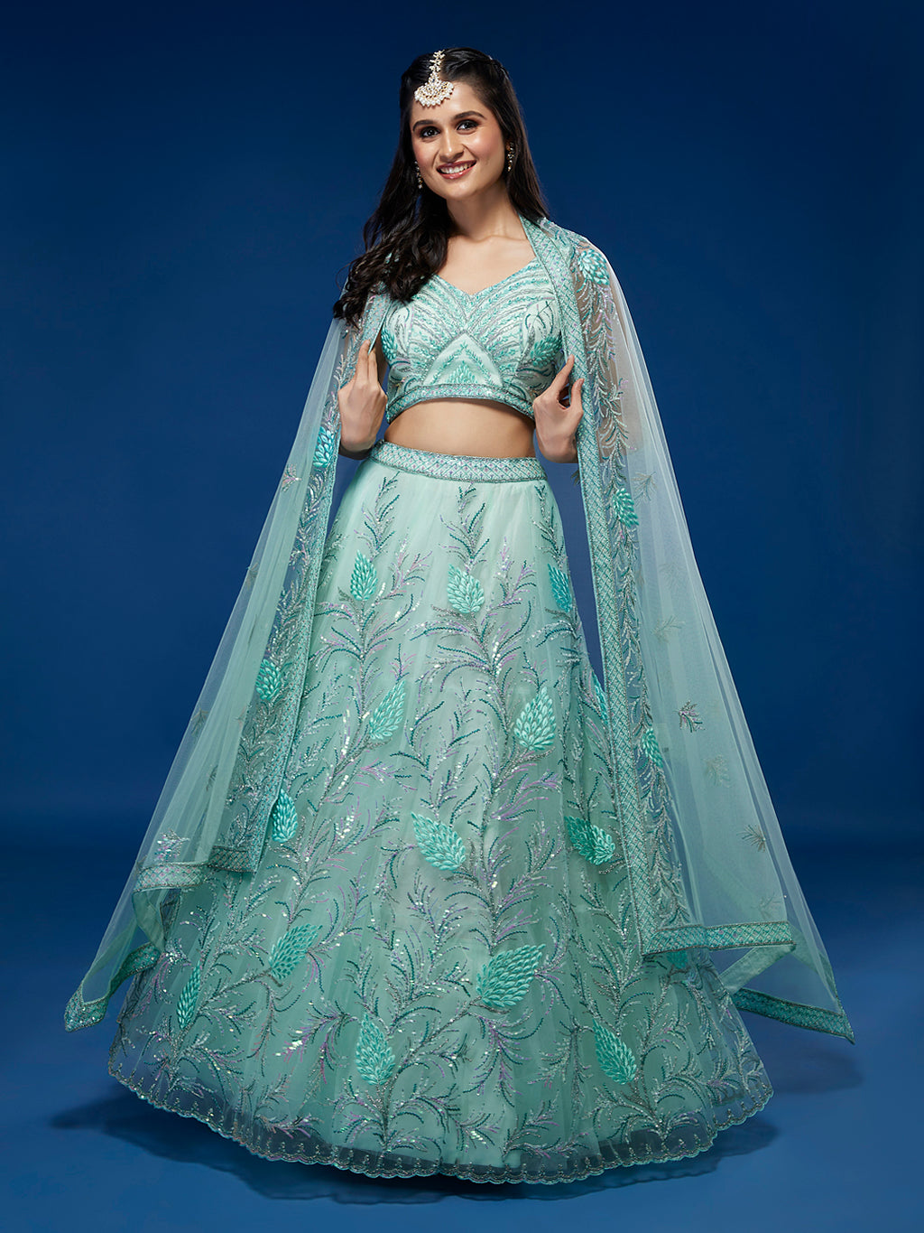 Turquoise Blue Net Sequinse Work Semi-Stitched Lehenga & Unstitched Blouse, Dupatta Clothsvilla