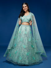 Load image into Gallery viewer, Turquoise Blue Net Sequinse Work Semi-Stitched Lehenga &amp; Unstitched Blouse, Dupatta Clothsvilla