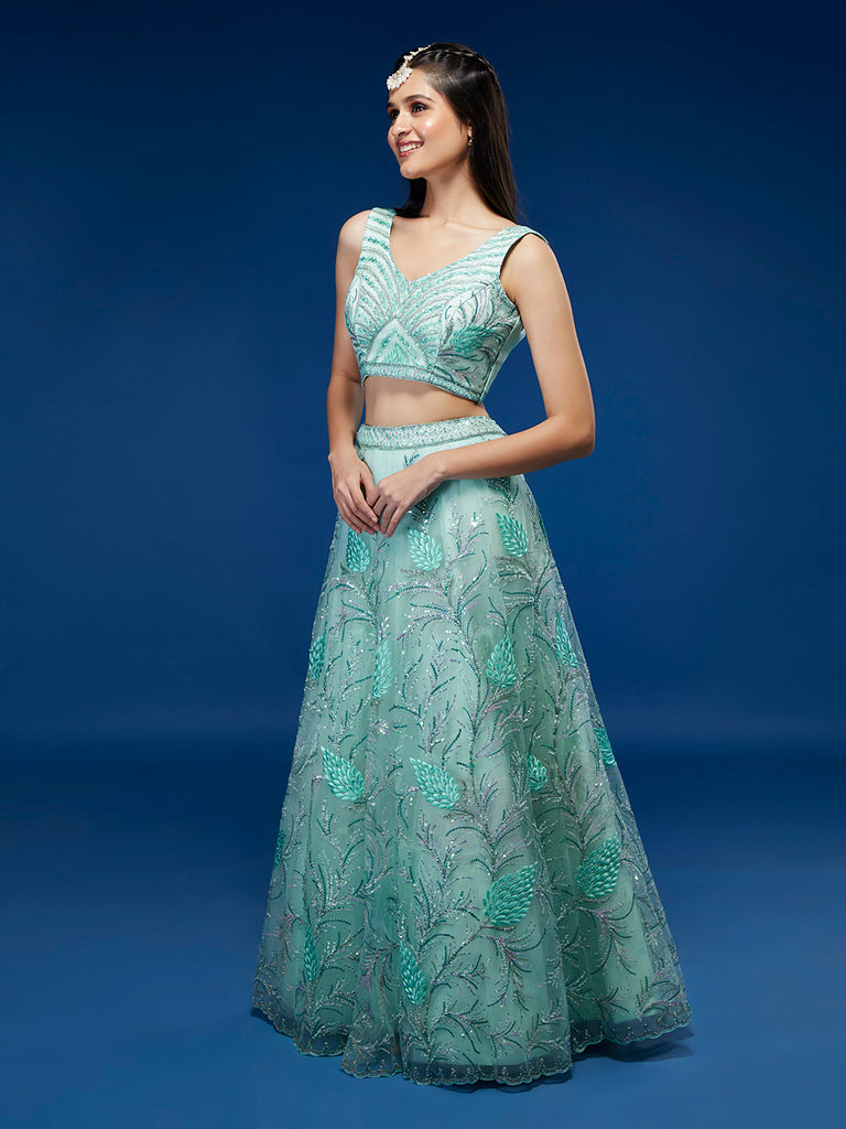 Turquoise Blue Net Sequinse Work Semi-Stitched Lehenga & Unstitched Blouse, Dupatta Clothsvilla