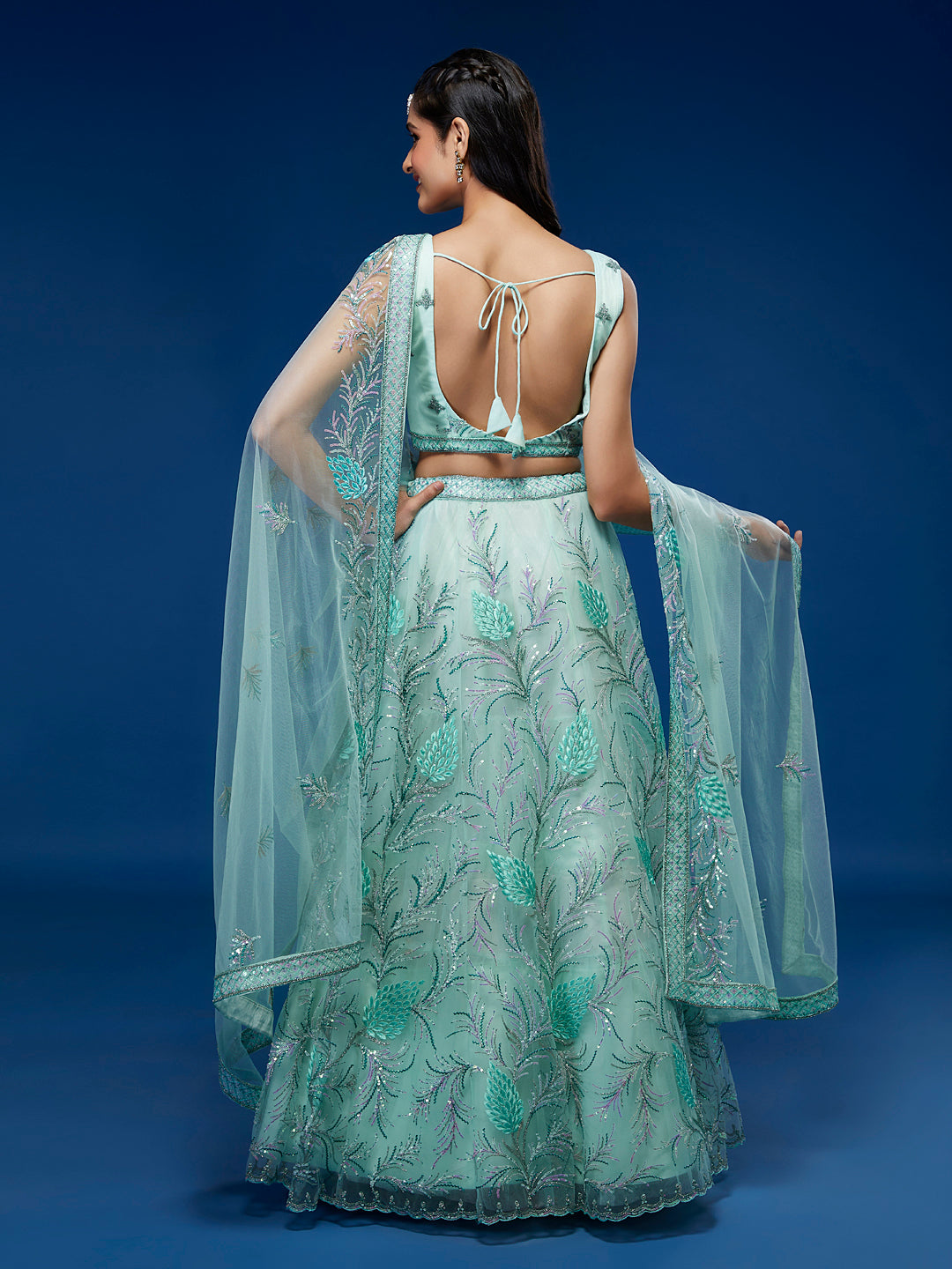 Turquoise Blue Net Sequinse Work Semi-Stitched Lehenga & Unstitched Blouse, Dupatta Clothsvilla