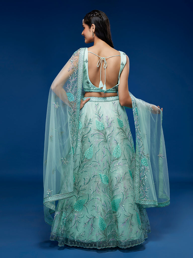 Turquoise Blue Net Sequinse Work Semi-Stitched Lehenga & Unstitched Blouse, Dupatta Clothsvilla