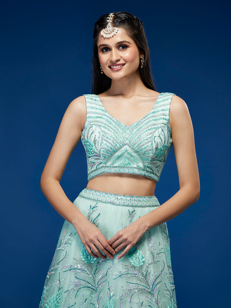 Turquoise Blue Net Sequinse Work Semi-Stitched Lehenga & Unstitched Blouse, Dupatta Clothsvilla