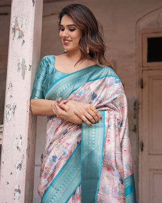 Mesmerizing Aqua Banarasi Silk Saree with Digital Print and Tassels BANARASI PRINTED