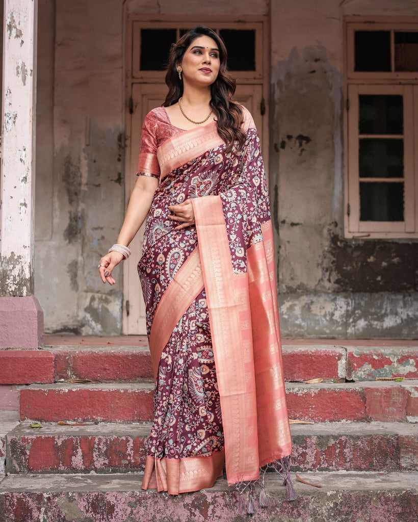 Maroon Banarasi Silk Saree with Peach Zari Border and Paisley Motifs BANARASI PRINTED