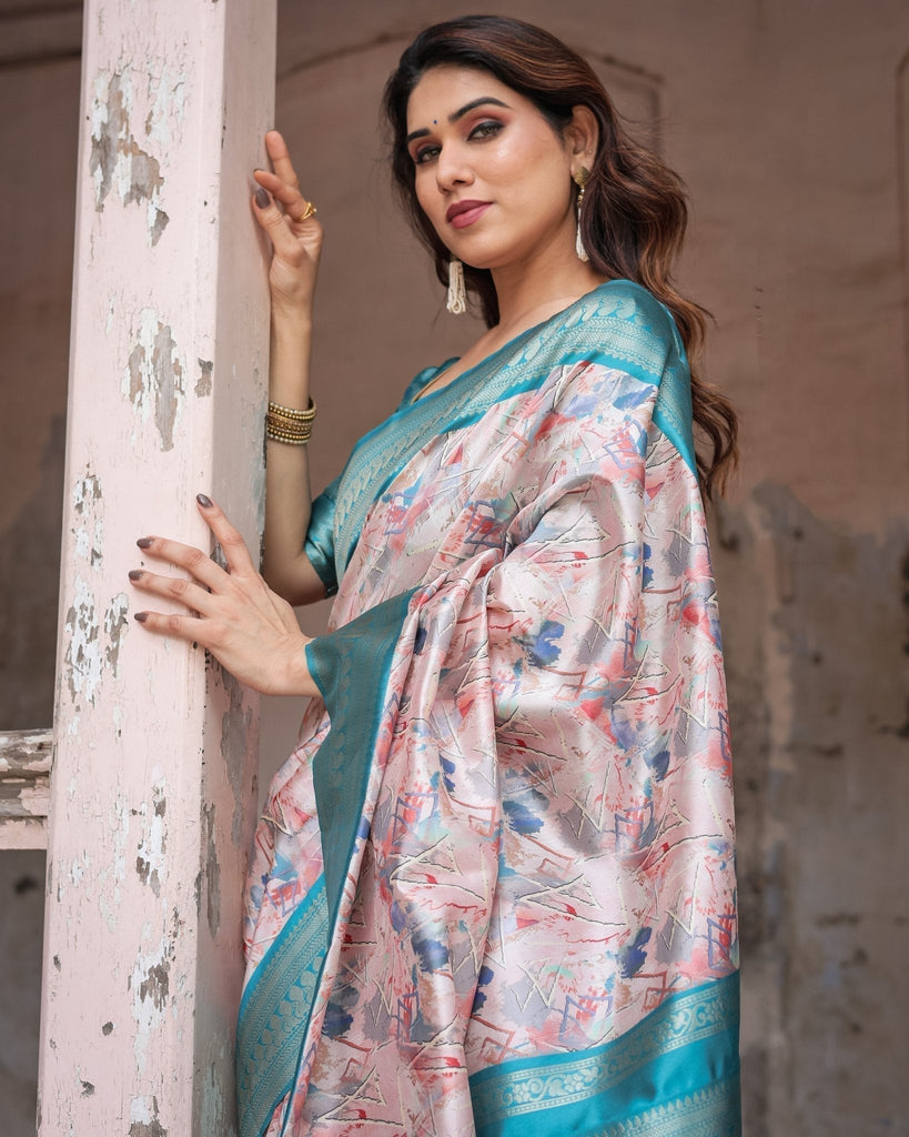 Mesmerizing Aqua Banarasi Silk Saree with Digital Print and Tassels BANARASI PRINTED