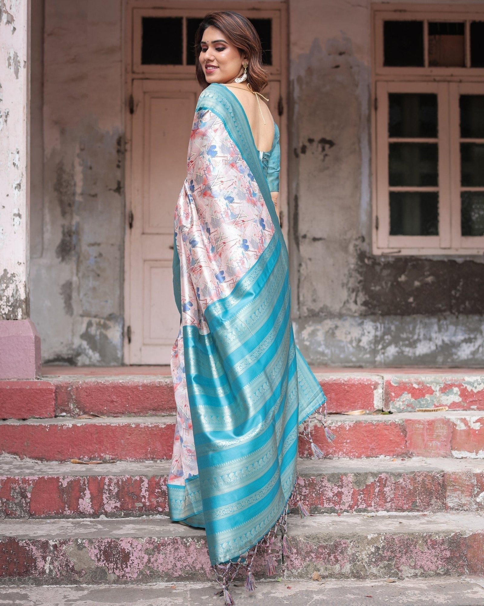 Mesmerizing Aqua Banarasi Silk Saree with Digital Print and Tassels BANARASI PRINTED