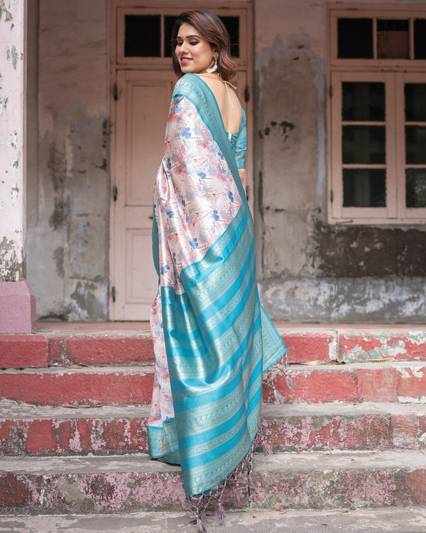 Mesmerizing Aqua Banarasi Silk Saree with Digital Print and Tassels BANARASI PRINTED