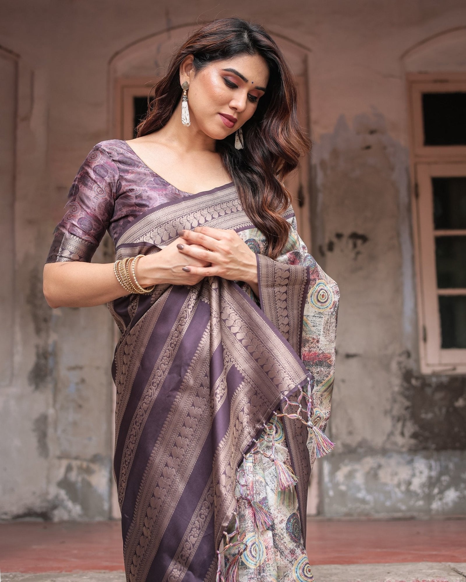 Regal Purple Banarasi Silk Saree with Digital Print and Ornate Border BANARASI PRINTED