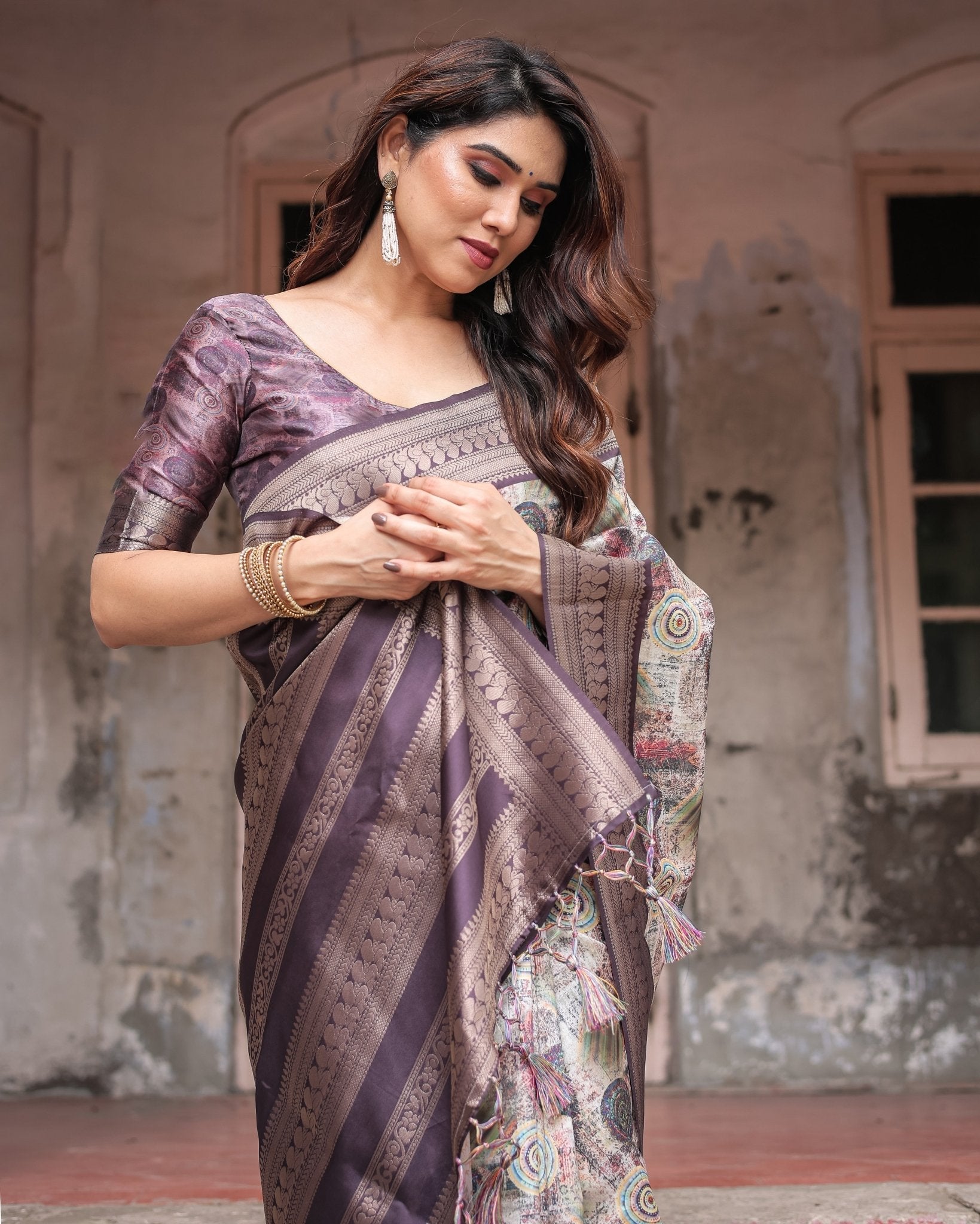 Regal Purple Banarasi Silk Saree with Digital Print and Ornate Border BANARASI PRINTED