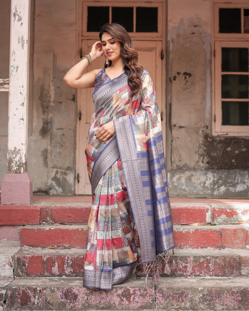 Multicolor Banarasi Silk Saree with Abstract Checkered Print & Lavender Zari Border BANARASI PRINTED