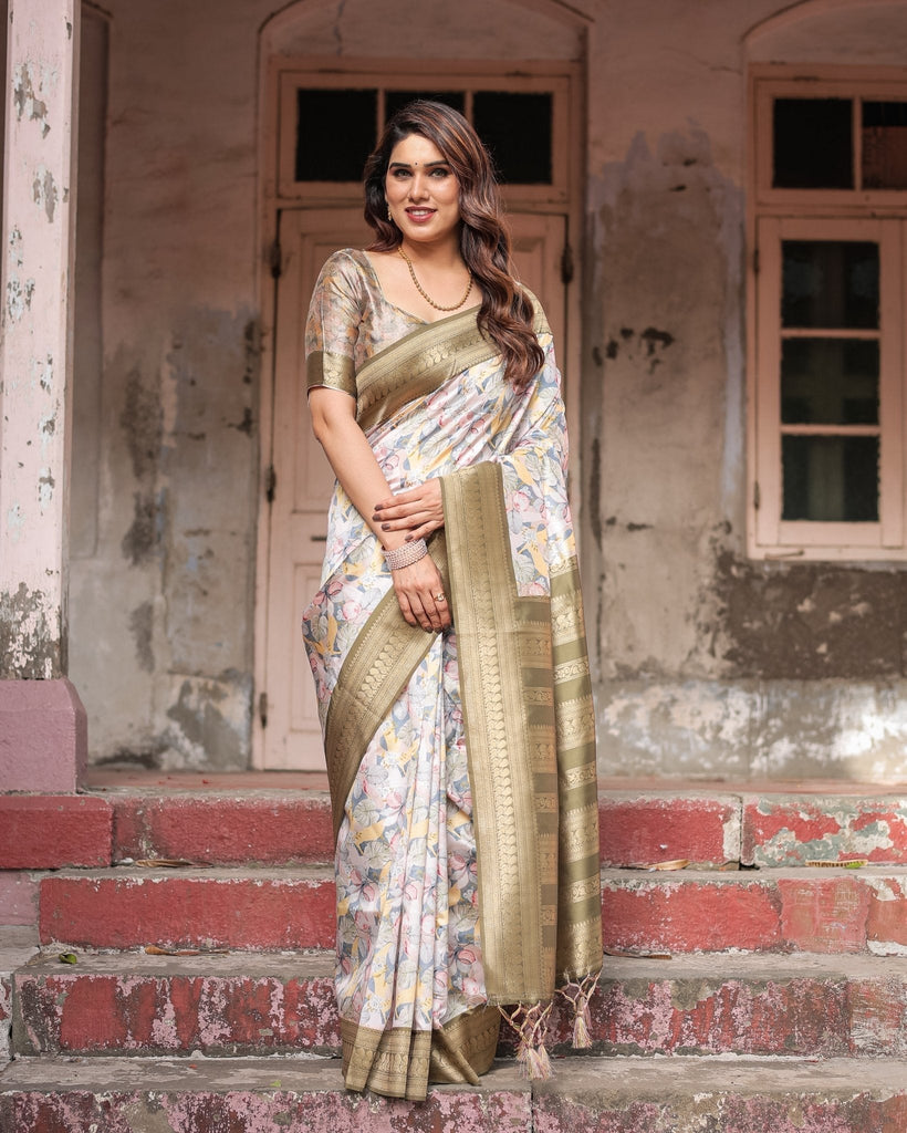 Ivory Banarasi Silk Saree with Gold Zari Border and Multicolor Floral Design BANARASI PRINTED