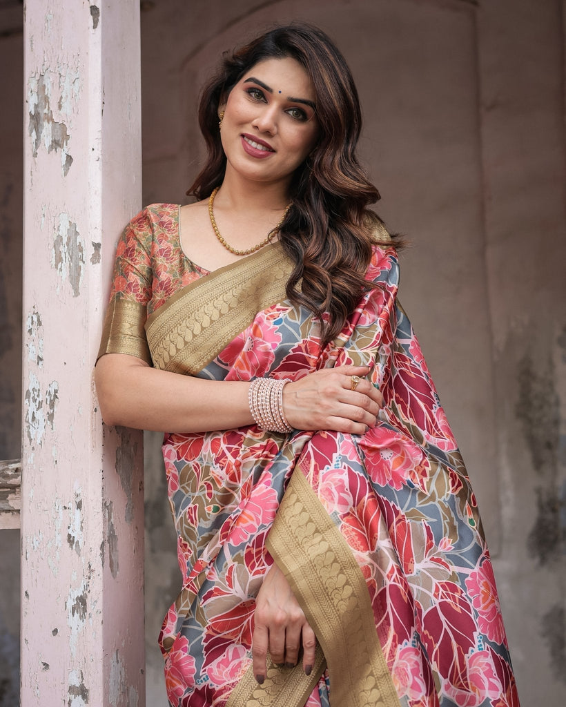 Gold Banarasi Silk Saree with Bold Floral Print and Intricate Zari Border BANARASI PRINTED