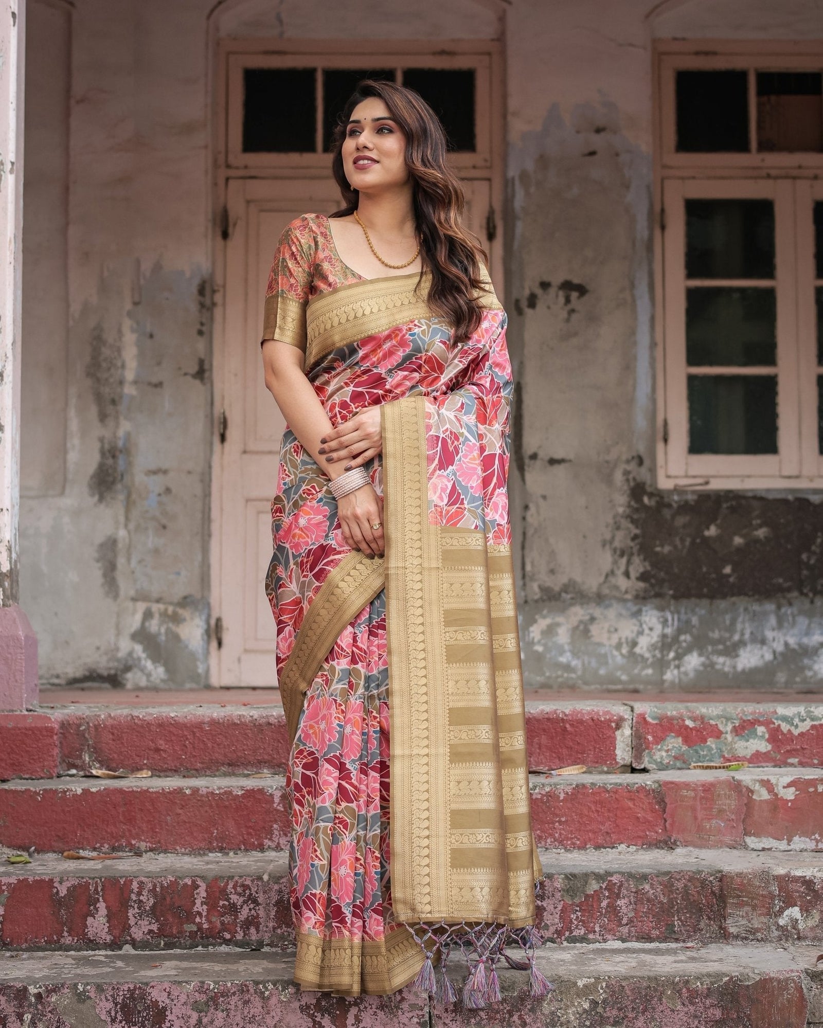 Gold Banarasi Silk Saree with Bold Floral Print and Intricate Zari Border BANARASI PRINTED