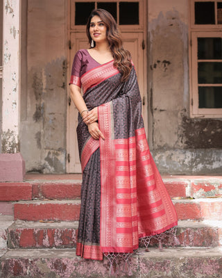 Black Banarasi Silk Saree with Intricate Pink Zari Border & Traditional Motifs BANARASI PRINTED