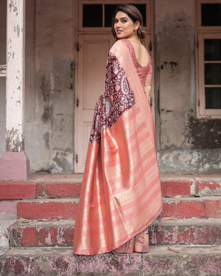 Maroon Banarasi Silk Saree with Peach Zari Border and Paisley Motifs BANARASI PRINTED