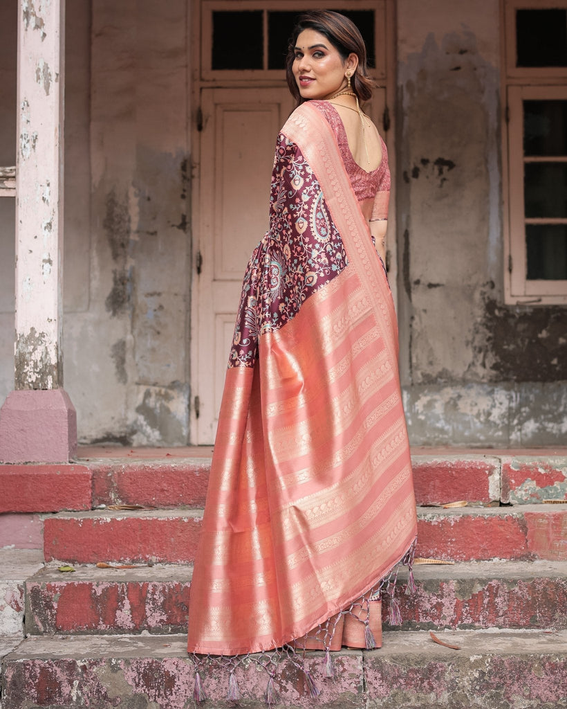 Maroon Banarasi Silk Saree with Peach Zari Border and Paisley Motifs BANARASI PRINTED