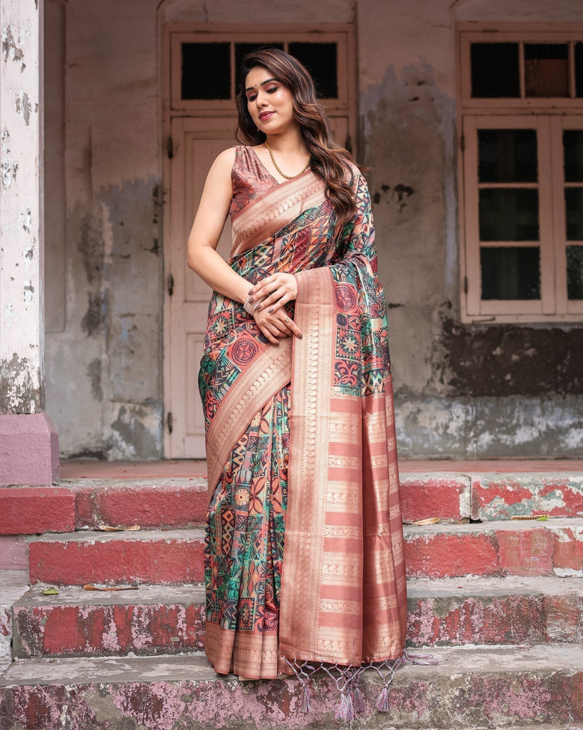 Multicolor Geometric Print Banarasi Silk Saree with Copper Zari Border BANARASI PRINTED