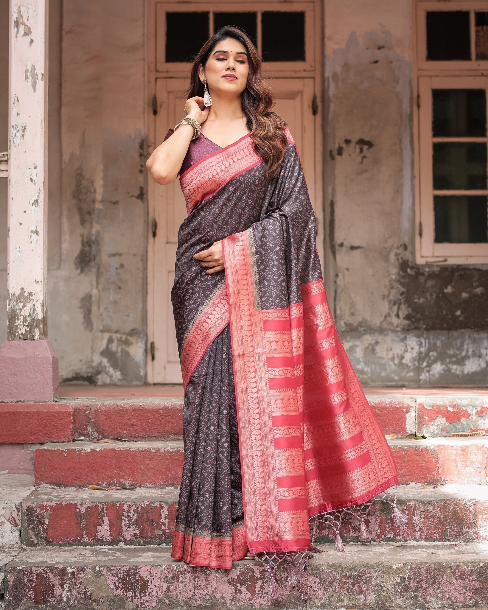 Black Banarasi Silk Saree with Intricate Pink Zari Border & Traditional Motifs BANARASI PRINTED Main image