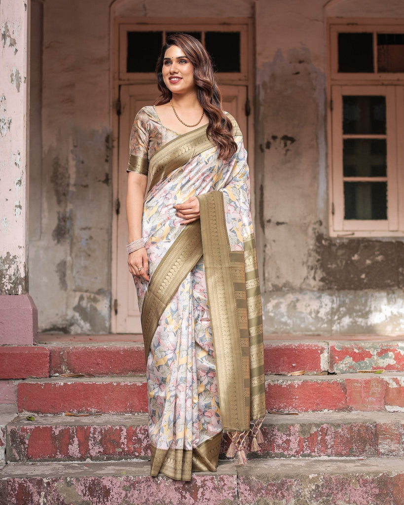 Ivory Banarasi Silk Saree with Gold Zari Border and Multicolor Floral Design BANARASI PRINTED
