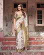 Load image into Gallery viewer, Ivory Banarasi Silk Saree with Gold Zari Border and Multicolor Floral Design BANARASI PRINTED