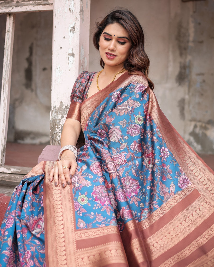 Teal Banarasi Silk Saree with Rust Zari Border and Floral Motifs BANARASI PRINTED