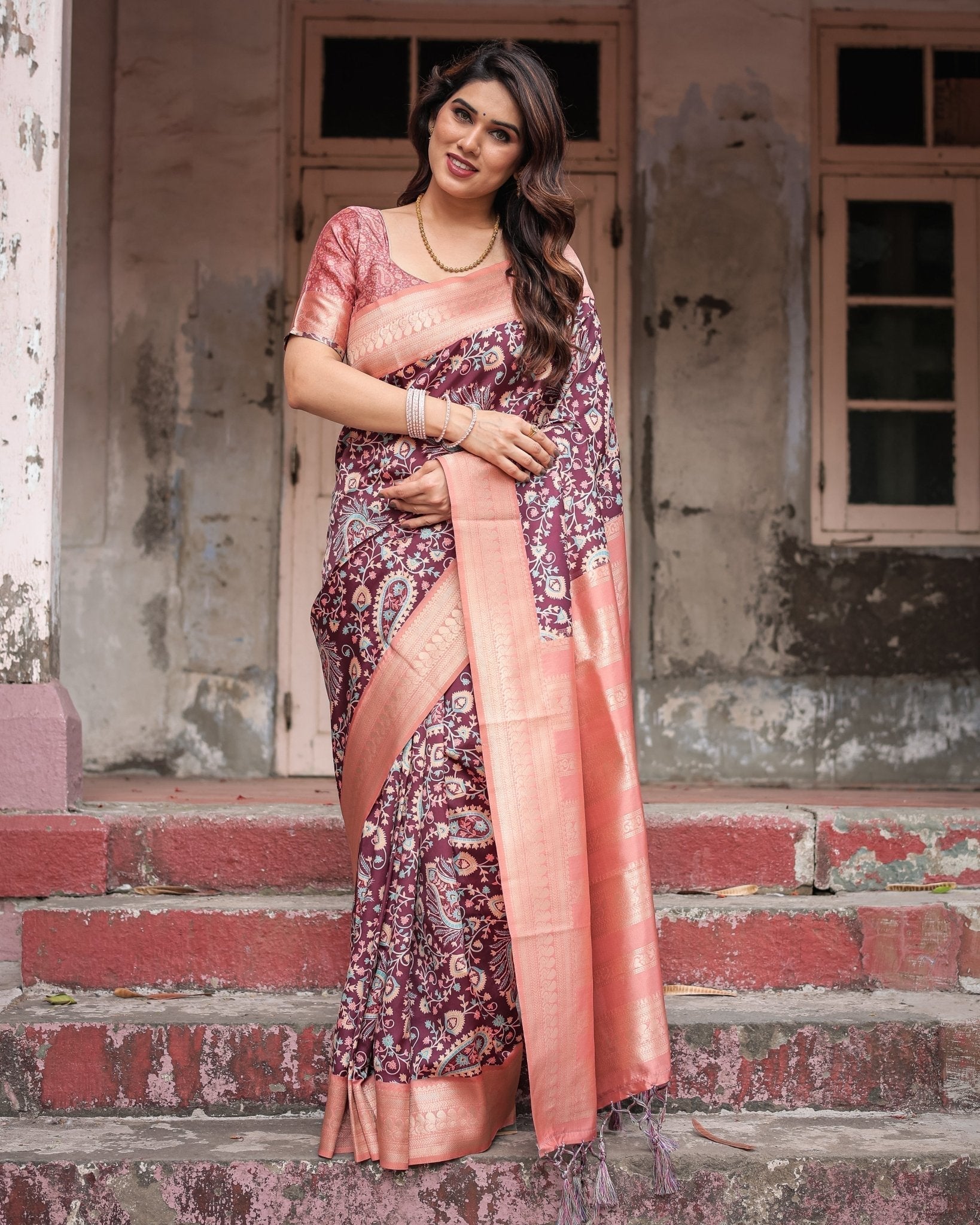 Maroon Banarasi Silk Saree with Peach Zari Border and Paisley Motifs BANARASI PRINTED Main image