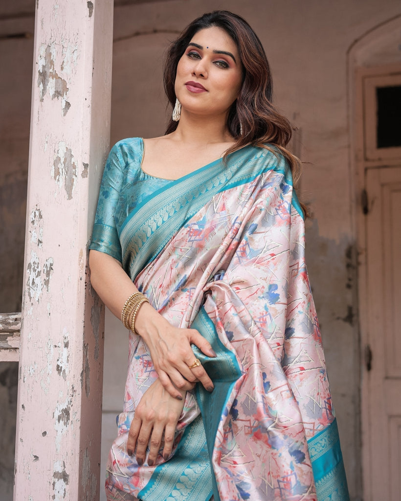 Mesmerizing Aqua Banarasi Silk Saree with Digital Print and Tassels BANARASI PRINTED
