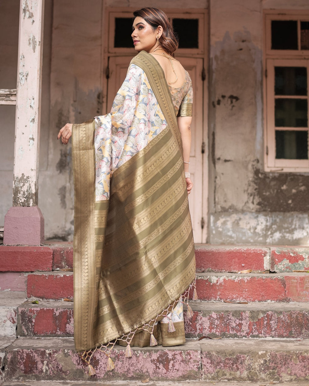 Ivory Banarasi Silk Saree with Gold Zari Border and Multicolor Floral Design BANARASI PRINTED
