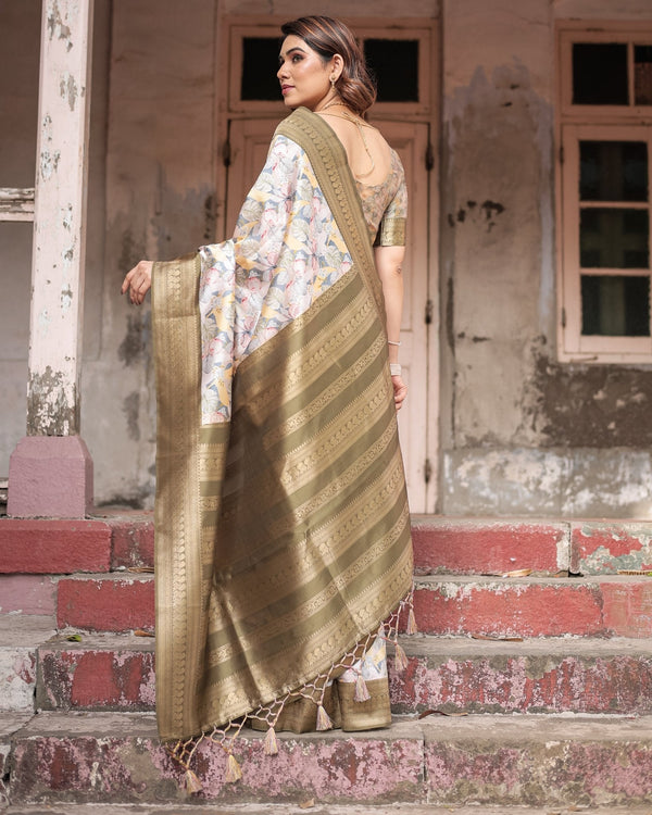 Ivory Banarasi Silk Saree with Gold Zari Border and Multicolor Floral Design BANARASI PRINTED