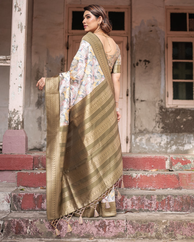 Ivory Banarasi Silk Saree with Gold Zari Border and Multicolor Floral Design BANARASI PRINTED