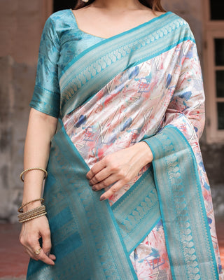 Mesmerizing Aqua Banarasi Silk Saree with Digital Print and Tassels BANARASI PRINTED