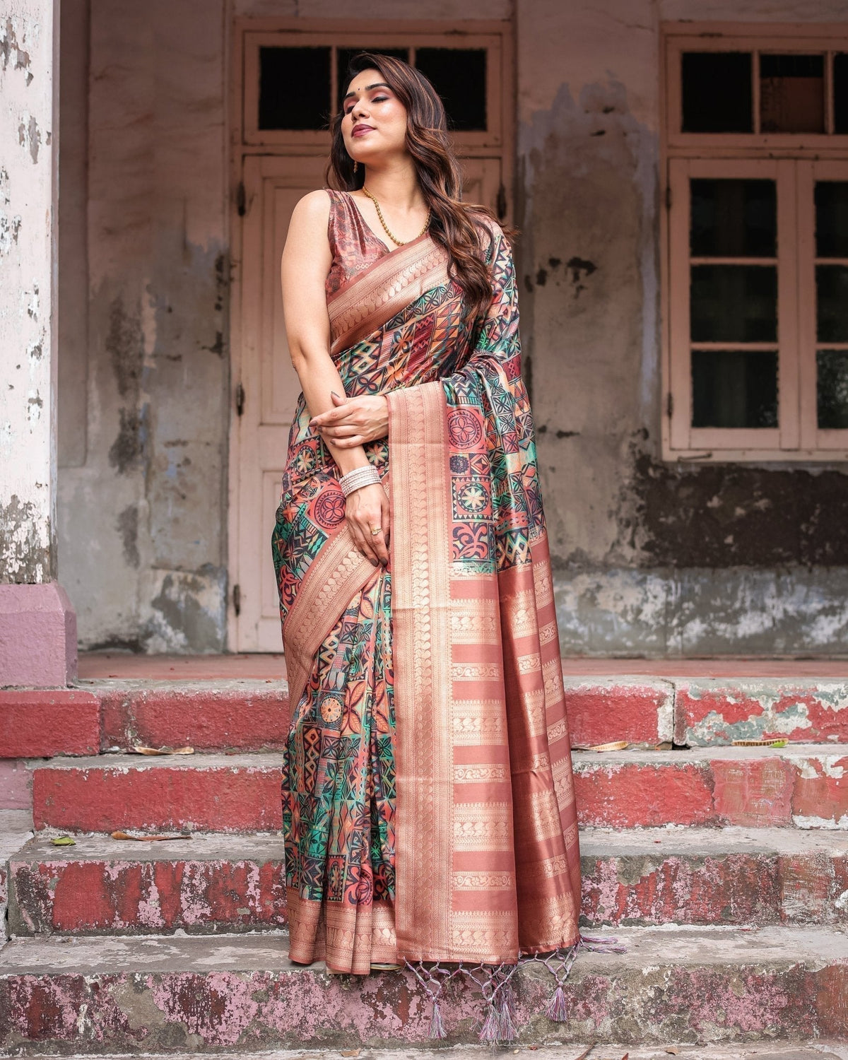 Multicolor Geometric Print Banarasi Silk Saree with Copper Zari Border BANARASI PRINTED Main image