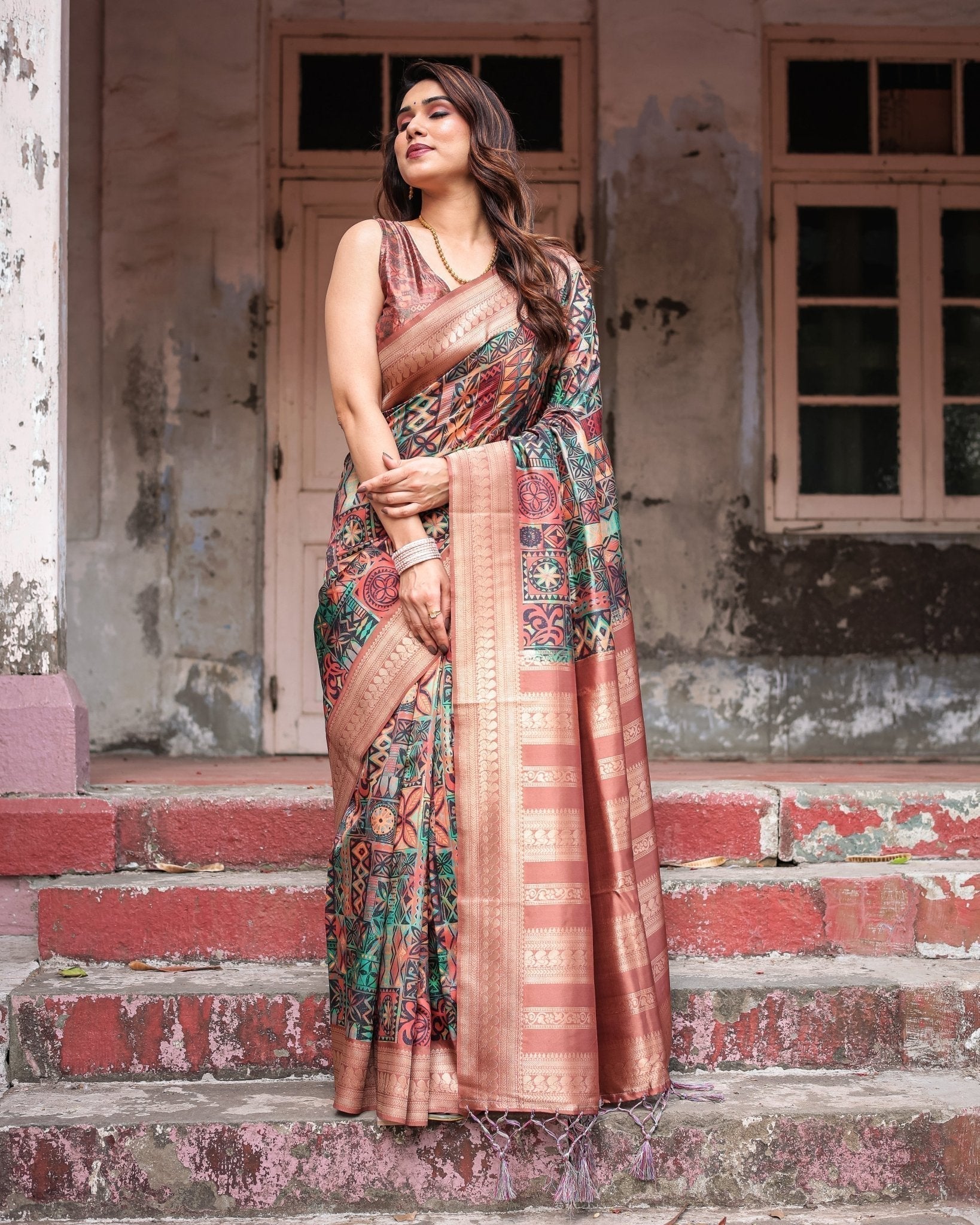 Multicolor Geometric Print Banarasi Silk Saree with Copper Zari Border BANARASI PRINTED Main image