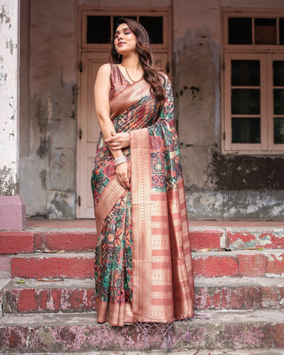 Multicolor Geometric Print Banarasi Silk Saree with Copper Zari Border BANARASI PRINTED