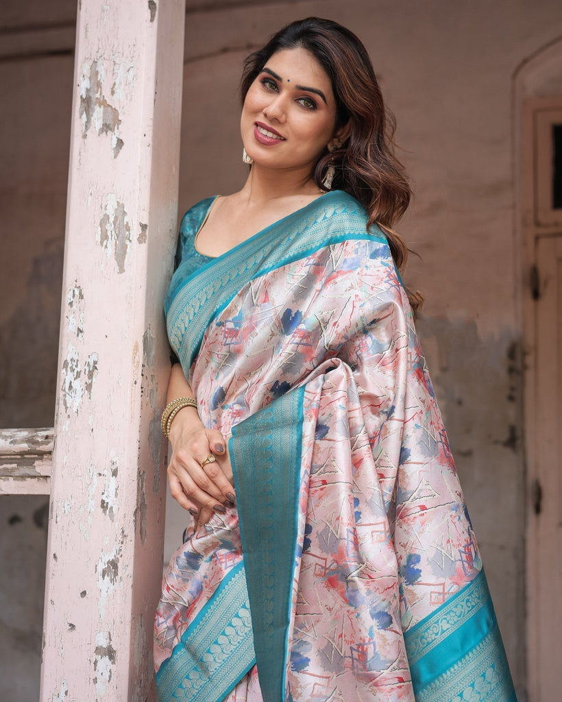 Mesmerizing Aqua Banarasi Silk Saree with Digital Print and Tassels BANARASI PRINTED