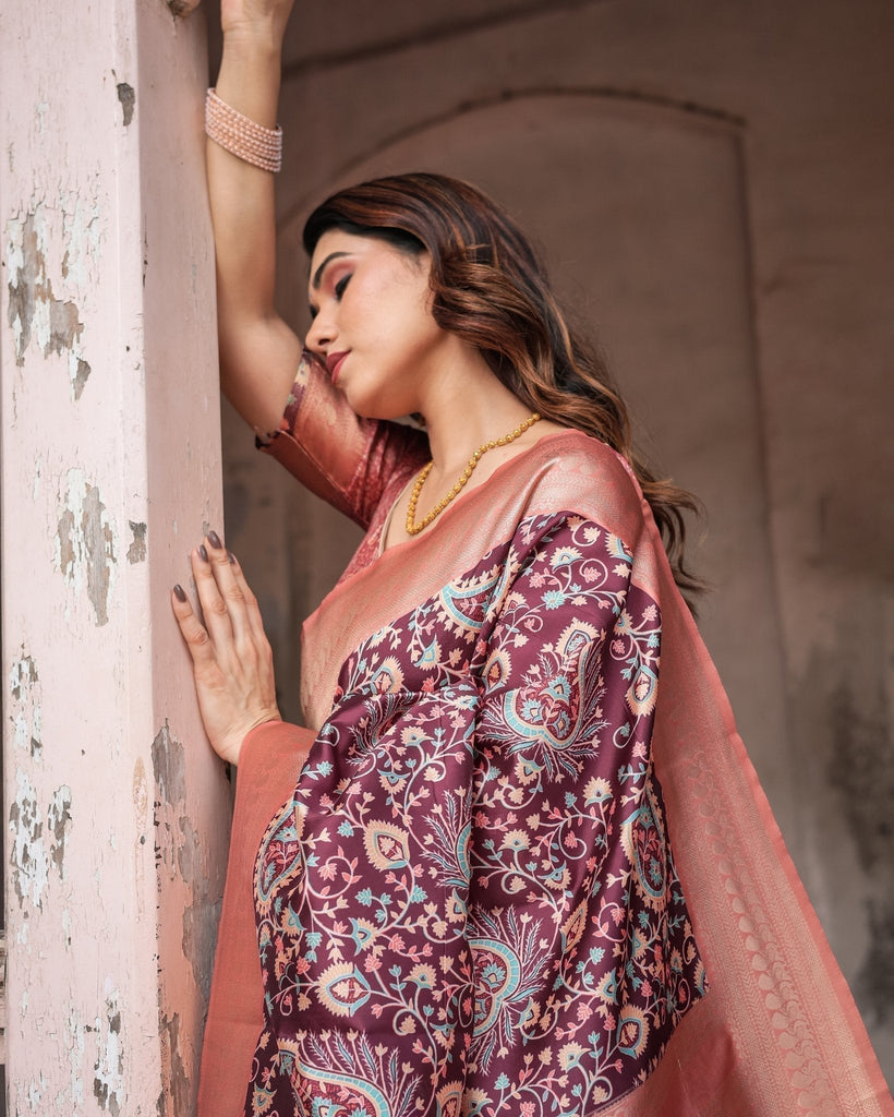 Maroon Banarasi Silk Saree with Peach Zari Border and Paisley Motifs BANARASI PRINTED