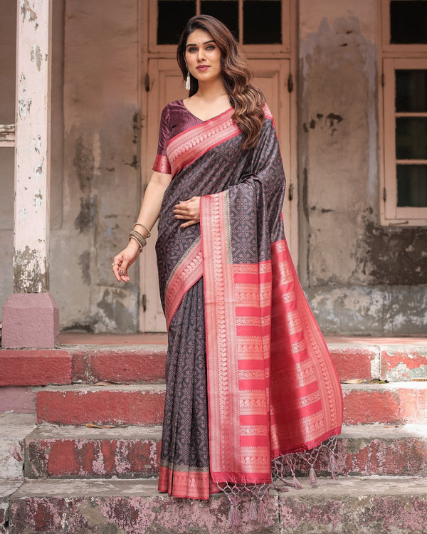 Black Banarasi Silk Saree with Intricate Pink Zari Border & Traditional Motifs BANARASI PRINTED